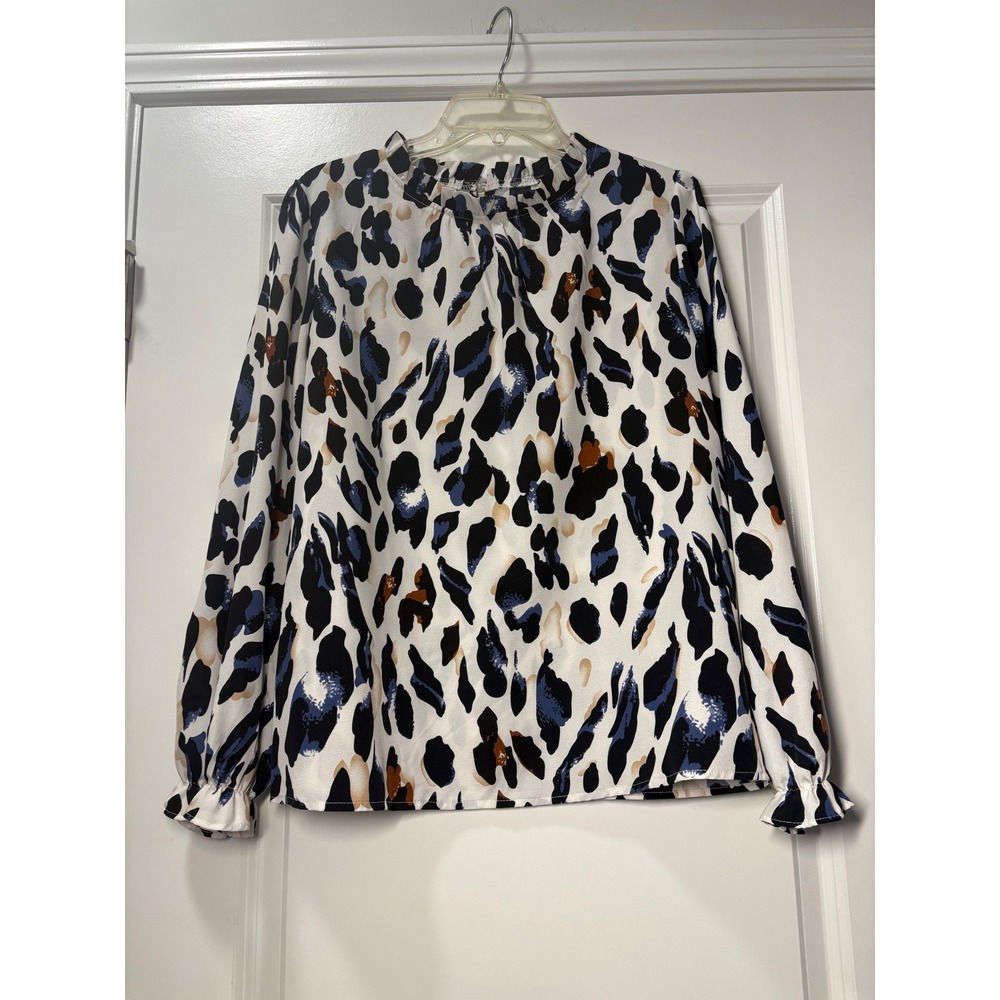 Shein Women Abstract Animal Print Ruffle Mock Neck Long Sleeve Blouse - Large - Picture 1 of 4